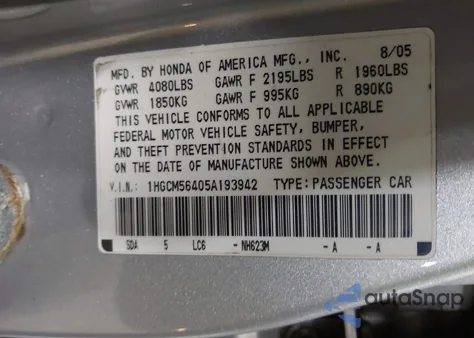 2005 Honda Accord 2.4 Lx from USA, damaged, VIN 1HGCM56405A193942
